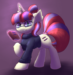 Size: 1878x1933 | Tagged: safe, artist:gosha305, moondancer, pony, unicorn, g4, alternate hairstyle, alternate universe, book, clothes, ear fluff, equal cutie mark, evil, female, fluffy, full body, glasses, glowing, glowing horn, gradient background, hair tie, horn, looking at you, magic, mare, scrunchie, smiling, smiling at you, solo, standing, sweater, telekinesis