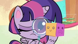 Size: 736x414 | Tagged: safe, screencap, twilight sparkle, alicorn, pony, g4, g4.5, how applejack got her hat back, my little pony: pony life, magnifying glass, solo, squishy cube, twilight sparkle (alicorn)