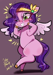 Size: 1240x1754 | Tagged: safe, artist:jully-park, pipp petals, pegasus, pony, g5, adorapipp, belly, blushing, colored wings, cute, diadem, eye clipping through hair, female, grin, happy, headband, jewelry, mare, plump, purple background, regalia, round belly, signature, simple background, smiling, solo, spread wings, thicc thighs, wings