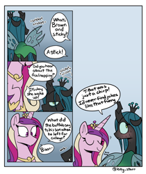 Size: 2546x3035 | Tagged: safe, artist:icey, princess cadance, queen chrysalis, alicorn, changeling, changeling queen, pony, g4, 4 panel comic, blushing, bugs doing bug things, chirping, comic, cross-popping veins, crown, cute, cute bug noises, duo, duo female, emanata, female, high res, hoof shoes, jewelry, joke, mare, peytral, princess shoes, pun, regalia, stifling laughter, sweat, sweatdrops