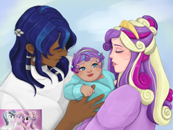 Size: 2000x1500 | Tagged: safe, artist:caosolita, princess cadance, princess flurry heart, shining armor, human, g4, alternate hairstyle, alternate universe, blushing, clothes, dark skin, dress, ear piercing, earring, eyes closed, eyeshadow, family, father and child, father and daughter, female, greek, hairband, headcanon in the description, humanized, jewelry, lipstick, makeup, male, mother and child, mother and daughter, piercing, screencap reference, ship:shiningcadance, shipping, shirt, straight, tattoo