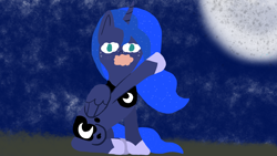 Size: 3840x2160 | Tagged: safe, artist:wissle, princess luna, alicorn, pony, g4, atg 2024, crying, faic, female, looking at you, mare, moon, newbie artist training grounds, night, night sky, open mouth, pointing, simple background, sitting, sky, solo, wailing