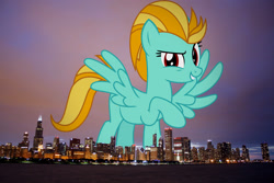 Size: 1600x1068 | Tagged: safe, artist:sketchmcreations, edit, editor:jaredking779, lightning dust, pegasus, pony, g4, alternate eye color, attack on pony, chicago, female, giant pony, giantess, grin, highrise ponies, illinois, irl, looking at you, macro, mare, photo, ponies in real life, raised hoof, red eyes, smiling, solo, spread wings, story included, vulgar description, wings