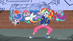 Size: 520x293 | Tagged: safe, rainbow dash, human, equestria girls, g4, get the show on the road, my little pony equestria girls: summertime shorts, animated, baseball cap, breakdancing, cap, female, gif, gifrun.com, hat, rapper dash