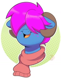 Size: 1479x1879 | Tagged: safe, artist:joaothejohn, oc, oc:puffy bliss, earth pony, pony, bust, clothes, cute, floppy ears, freckles, hair over eyes, horns, looking up, male, scarf, simple background, smiling, solo
