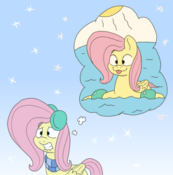 Size: 2352x2378 | Tagged: safe, artist:doodledonutart, fluttershy, pony, atg 2024, clothes, earmuffs, newbie artist training grounds, scarf, solo, striped scarf, sun, thought bubble, tongue out, water, water wings