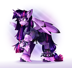 Size: 3780x3543 | Tagged: safe, artist:buvanybu, twilight sparkle, alicorn, pony, ear piercing, female, goth, mare, piercing, solo, spiked wristband, tongue out, twilight sparkle (alicorn), unshorn fetlocks, wristband