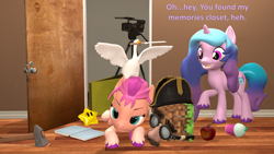 Size: 1920x1080 | Tagged: safe, artist:red4567, izzy moonbow, sunny starscout, bird, earth pony, goose, pony, unicorn, g4, g5, 3d, apple, atg 2024, book, cake knife, camera, closet, dialogue, dirt block, drink, duo, duo female, female, food, g5 to g4, generation leap, groucho mask, hammer, hat, hoof hold, horn, mare, minecraft, newbie artist training grounds, open mouth, open smile, peace was never an option, power star, pun, rotten apple, smiling, smoothie, source filmmaker, sunny starscout is not amused, super mario galaxy, unamused, unshorn fetlocks, untitled goose game, wet floor sign