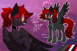 Size: 5760x3800 | Tagged: safe, artist:jsunlight, oc, oc only, oc:julia_sunlight, pegasus, pony, chest fluff, choker, partially open wings, reference, reference sheet, smiling, solo, spread wings, tattoo, wings