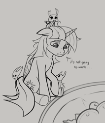 Size: 1020x1200 | Tagged: safe, artist:zetamad, twilight sparkle, alicorn, bug pony, insect, pony, g4, atg 2024, crossover, grayscale, hollow knight, hornet (hollow knight), monochrome, newbie artist training grounds, ponified, sketch, the knight (hollow knight), twilight sparkle (alicorn), zote