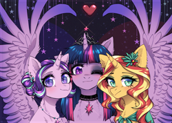 Size: 2795x1995 | Tagged: safe, artist:avrameow, starlight glimmer, sunset shimmer, twilight sparkle, alicorn, unicorn, g4, alternate hairstyle, ear piercing, earring, eyeshadow, female, horn, jewelry, makeup, necklace, piercing, spread wings, tiara, trio, trio female, twilight sparkle (alicorn), wings