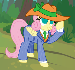 Size: 2620x2464 | Tagged: safe, artist:jesterofdestiny, fluttershy, pegasus, pony, g4, alternate hairstyle, bow, clothes, folded wings, forest, hat, nature, necktie, outdoors, pinstripes, shirt, shirt with a collar, smiling, solo, suit, three piece suit, tree, vest, wings