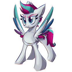 Size: 2157x2158 | Tagged: safe, artist:cupute, zipp storm, pegasus, pony, g5, chromatic aberration, colored sketch, colored wings, colored wingtips, determination, determined, determined look, determined smile, digital art, eyebrows, female, full body, high res, mare, multicolored hair, multicolored mane, multicolored tail, multicolored wings, png, pointy legs, simple background, sketch, smiling, solo, spread wings, stance, standing, tail, transparent background, wings