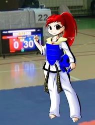 Size: 720x952 | Tagged: safe, artist:taekwon-magic, edit, oc, oc only, oc:taekwon magic, human, pony, black belt, chest guard, clothes, dobok, gi, headgear, humanized, irl, martial arts, pants, photo, ponies in real life, robe, taekwondo