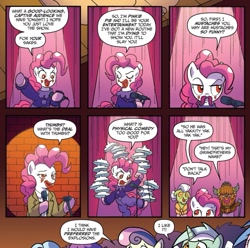 Size: 985x977 | Tagged: safe, artist:tony fleecs, idw, official comic, bon bon, granny smith, lyra heartstrings, pinkie pie, prince rutherford, sweetie drops, earth pony, pony, unicorn, spoiler:comic, spoiler:comic44, cream pie, custard pie, dc comics, food, horn, microphone, pie, pinkie joker, puppet show, stand-up comedy, talk show, the joker