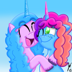 Size: 2048x2048 | Tagged: safe, artist:jesslmc16, idw, izzy moonbow, misty brightdawn, pony, unicorn, g5, my little pony: kenbucky roller derby, colored hooves, comic, duo, duo female, eyes closed, female, floppy ears, freckles, gradient background, hooves, horn, hug, looking at each other, looking at someone, one eye closed, open mouth, rebirth misty, scene interpretation, signature, smiling, smiling at each other