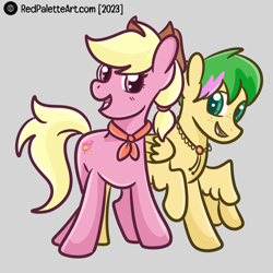 Size: 3000x3000 | Tagged: safe, artist:redpalette, oc, oc:harmonic tune, oc:harmony star, earth pony, pegasus, bolo tie, cowboy hat, cute, earth pony oc, female, hat, looking at you, mare, neckerchief, open mouth, pegasus oc, smiling