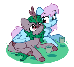 Size: 2012x1832 | Tagged: safe, artist:kindakismet, oc, oc only, oc:meadowsong, oc:skywell, kirin, pegasus, cup, duo, duo male and female, female, food, grass, hug, male, simple background, straight, tea, teacup, transparent background, winghug, wings