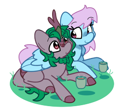 Size: 2012x1832 | Tagged: safe, artist:kindakismet, oc, oc only, oc:meadowsong, oc:skywell, kirin, pegasus, pony, cup, duo, duo male and female, female, food, grass, hug, male, mare, simple background, stallion, straight, tea, teacup, transparent background, winghug, wings