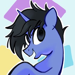 Size: 2048x2048 | Tagged: safe, artist:chipchapp, oc, oc only, oc:cerulean draw, oc:loophoof, unicorn, abstract background, birthday art, black mane, blue coat, bust, gift art, high res, horn, male, no catchlights, open mouth, open smile, portrait, raised hoof, smiling, solo, stallion, stallion oc, unicorn oc