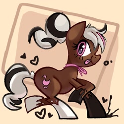 Size: 2048x2048 | Tagged: safe, artist:chipchapp, oc, oc only, oc:chocolate cakez, earth pony, pony, abstract background, black and white mane, black and white tail, brown coat, coat markings, earth pony oc, eyelashes, female, floating heart, freckles, gift art, heart, high res, long mane, long tail, looking back, mare, neck ribbon, passepartout, pink eyes, ponytail, profile, raised hoof, raised leg, smiling, socks (coat markings), solo, standing on two hooves, tail, tied mane, tongue out, two toned mane, two toned tail