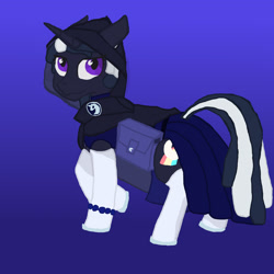 Size: 1400x1400 | Tagged: safe, artist:silverfishv9, oc, oc only, oc:night gaze (solredrose), pony, unicorn, bag, black coat, clothes, gradient background, hood, horn, horseshoes, purple eyes, saddle bag, socks, solo, unicorn oc