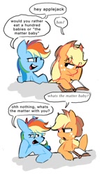 Size: 709x1237 | Tagged: safe, artist:appledash3r_, part of a set, applejack, rainbow dash, earth pony, pegasus, pony, g4, 2 panel comic, applejack's hat, blonde mane, blue coat, book, bust, colored, comic, cowboy hat, dialogue, duo, duo female, eyebrows, eyebrows visible through hair, female, flat colors, freckles, frown, hat, head on hoof, lesbian, looking at each other, looking at someone, mare, multicolored hair, multicolored mane, no catchlights, open book, open mouth, open smile, orange coat, prank, rainbow hair, raised hoof, reading, ship:appledash, shipping, simple background, sitting, smiling, smiling at someone, speech bubble, stetson, talking, text, white background