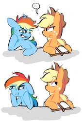 Size: 929x1376 | Tagged: safe, artist:appledash3r_, part of a set, applejack, rainbow dash, earth pony, pegasus, pony, g4, 2 panel comic, applejack's hat, blonde mane, blue coat, book, bust, colored, comic, cowboy hat, dialogue, duo, duo female, eyebrows, eyebrows visible through hair, eyeroll, female, flat colors, freckles, frown, hat, head on hoof, lesbian, looking at each other, looking at someone, mare, multicolored hair, multicolored mane, no catchlights, open book, open mouth, open smile, orange coat, prank, rainbow hair, raised hoof, reading, ship:appledash, shipping, simple background, sitting, smiling, smiling at someone, speech bubble, stetson, sweat, sweatdrop, text, wavy mouth, white background