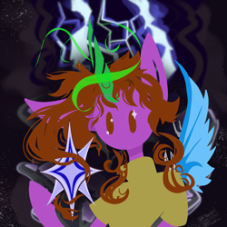 Size: 1450x1450 | Tagged: safe, artist:destiny_manticor, oc, oc only, oc:destiny manticor, alicorn, pony, artfight, claws, curly hair, curved horn, digital art, female, horn, lineless, mare, no mouth, solo, sparkles, stars, wing claws, wings