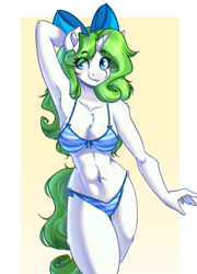 Size: 2183x3025 | Tagged: safe, artist:witchtaunter, oc, oc only, oc:minty root, unicorn, anthro, arm behind head, belly button, bikini, bow, chest fluff, clothes, commission, female, hair bow, horn, passepartout, side-tie bikini, solo, striped bikini, striped swimsuit, swimsuit, unicorn oc