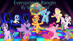 Size: 1280x720 | Tagged: safe, artist:silva hound, artist:user15432, blossomforth, dj pon-3, fluttershy, pinkie pie, rainbow dash, spike, starlight glimmer, sunset shimmer, twilight sparkle, vinyl scratch, alicorn, dragon, earth pony, pegasus, pony, unicorn, g4, animated, bipedal, dance floor, dance party, dancing, disco ball, dj mixer, everpony's bangin', eyes closed, female, horn, link in description, male, music, open mouth, open smile, radio, record player, silva hound, smiling, song, sound, sound only, twilight sparkle (alicorn), webm, youtube link