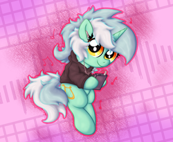 Size: 2796x2293 | Tagged: safe, artist:background basset, lyra heartstrings, pony, unicorn, abstract background, cellphone, clothes, earbuds, headphones, hoodie, horn, looking at you, phone, smiling, smiling at you, solo