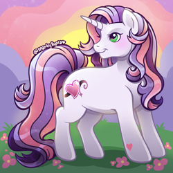 Size: 2400x2400 | Tagged: safe, artist:sparkytopia, sweetie belle (g3), pony, unicorn, g3, commission, cute, female, g3 diasweetes, gradient hooves, green eyes, horn, looking away, mare, redesign, signature, solo, white coat