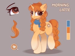 Size: 2048x1533 | Tagged: safe, artist:janelearts, oc, oc only, pony, unicorn, blaze (coat marking), braid, braided tail, clothes, coat markings, facial markings, female, horn, mare, reference sheet, scarf, socks (coat markings), tail