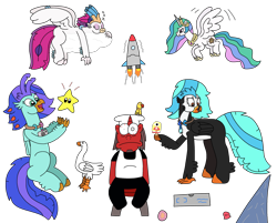 Size: 3051x2448 | Tagged: safe, artist:supahdonarudo, princess celestia, queen novo, oc, oc:icebeak, oc:ironyoshi, oc:sea lilly, alicorn, bird, classical hippogriff, goose, hippogriff, parakeet, parrot, unicorn, atg 2024, box, camera, chair, chef's hat, cloud, dorsal fin, fin, flying, food, hat, holding, horn, jewelry, lying down, necklace, newbie artist training grounds, onomatopoeia, pearl, pizza box, popsicle, prone, queen novo's orb, rocket, shell, simple background, sitting, sleeping, sound effects, super mario bros., super star, transparent background, zzz