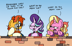 Size: 2168x1400 | Tagged: safe, artist:bobthedalek, luster dawn, starlight glimmer, sunburst, pony, unicorn, g4, air quotes, atg 2024, blaze (coat marking), clothes, coat markings, facial markings, father and child, father and daughter, female, head in hooves, horn, luster dawn is starlight's and sunburst's daughter, male, mare, mother and child, mother and daughter, newbie artist training grounds, older, older starlight glimmer, older sunburst, parent:starlight glimmer, parent:sunburst, parents:starburst, peanuts (comic), socks (coat markings), stallion, sweater, trio, wall