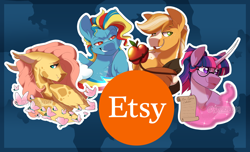 Size: 1872x1140 | Tagged: safe, artist:parrpitched, applejack, fluttershy, rainbow dash, twilight sparkle, butterfly, earth pony, pegasus, unicorn, g4, apple, curved horn, etsy, food, horn, lasso, magic, merchandise, rope, scroll, sticker
