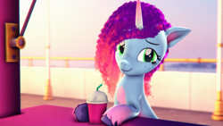 Size: 3840x2160 | Tagged: safe, artist:psfmer, misty brightdawn, pony, unicorn, g4, g5, 3d, coat markings, colored hooves, cup, cute, drink, drinking straw, female, freckles, g5 to g4, generation leap, high res, hoof hold, hooves, horn, looking at you, mare, maretime bay, mistybetes, outdoors, pale belly, rebirth misty, smiling, smiling at you, smoothie, socks (coat markings), solo, source filmmaker, straw, underhoof, unshorn fetlocks