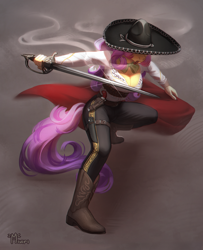 Size: 3000x3700 | Tagged: safe, artist:miurimau, oc, oc:quickdraw, anthro, badass, belt, boot, boots, breasts, buckle, bullet belt, cape, cigar, cleavage, clothes, commissioner:dhs, cowboy boots, freckles, gun, handgun, hat, knife, matador, mexican, rapier, revolver, shiny, shoes, smoke, stance, sword, weapon