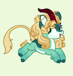 Size: 1296x1344 | Tagged: safe, artist:mingoxu, oc, oc only, oc:teal blaze, kirin, pony, blonde mane, blonde tail, blue eyes, cloven hooves, coat markings, colored belly, colored ears, colored hooves, colored horn, colored pinnae, ear piercing, eye clipping through hair, eyelashes, facial markings, gradient legs, green background, hock fluff, hooves, horn, in air, industrial piercing, kirin horn, kirin oc, leg fluff, long horn, long mane, looking back, mealy mouth (coat marking), open mouth, open smile, pale belly, piercing, simple background, smiling, socks (coat markings), solo, tail, teal coat, teal hooves