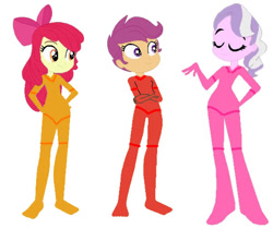 Size: 1050x880 | Tagged: safe, artist:selenaede, edit, editor:jbrony, apple bloom, diamond tiara, scootaloo, equestria girls, g4, bow, cyberspace, digitized, digitized body, glowing body, hair bow, orange (color), pink, red, simple background, trio, white background, yellow