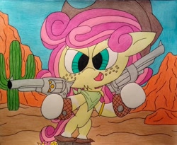 Size: 2617x2141 | Tagged: artist needed, safe, oc, oc only, oc:quickdraw, bipedal, boots, cactus, chest fluff, chibi, coat markings, complex background, cowboy boots, cowboy hat, desert, freckles, gun, handgun, handkerchief, hat, hoof ring, mountain, revolver, shoes, smug, socks (coat markings), solo, traditional art, weapon