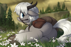 Size: 3490x2310 | Tagged: safe, artist:quotepony, pony, bag, butt freckles, cliff, elden ring, female, flower, freckles, grass, halter, horns, lead, looking at you, looking back, looking back at you, lying down, mare, on side, outdoors, saddle, saddle bag, scenery, solo, solo female, tack, torrent (elden ring), tree, unshorn fetlocks