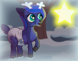 Size: 3400x2684 | Tagged: safe, artist:sweetielover, princess luna, deer, reindeer, g4, atg 2024, baby, bush, cold, cute, diaper, female, frozen, glowing, happy, high res, lunabetes, newbie artist training grounds, open mouth, race swap, snow, solo, stars, tree, winter