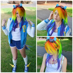 Size: 1024x1024 | Tagged: safe, artist:elimicho, rainbow dash, human, g4, clothes, cosplay, costume, goggles, irl, irl human, multicolored hair, photo, rainbow hair