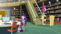 Size: 1280x720 | Tagged: safe, screencap, cheerilee, spike, spike the regular dog, twilight sparkle, human, equestria girls, g4, my little pony equestria girls, book, boots, cart, clothes, computer, high heel boots, library, raised leg, shirt, shoes, skirt, stairs