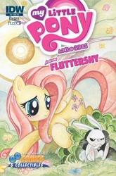 Size: 1054x1600 | Tagged: safe, artist:sara richard, idw, official comic, angel bunny, fluttershy, pegasus, pony, g4, micro-series #4, my little pony micro-series, angry, bush, comic cover, cover, cover art, crossed arms, duo, duo male and female, female, flower, folded wings, male, mare, my little pony logo, outdoors, paw pads, paws, pouting, raised hoof, sitting, smiling, sun, tail, variant cover, wings