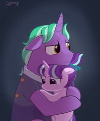 Size: 2250x2728 | Tagged: safe, artist:tikapony, firelight, starlight glimmer, pony, unicorn, g4, duo, duo male and female, father and child, father and daughter, female, filly, filly starlight glimmer, floppy ears, foal, horn, hug, male, pigtails, sad, stallion, teary eyes, younger