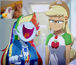 Size: 1860x1583 | Tagged: safe, artist:the-butch-x, applejack, rainbow dash, cat, human, equestria girls, g4, my little pony equestria girls: better together, 2d, angry, annoyed, apple, applejack is not amused, applejack's hat, arms, bangs, breasts, bust, canterlot high, clothes, collar, cowboy hat, cross-popping veins, cutie mark on clothes, duo, duo female, emanata, eyelashes, female, finger, food, freckles, frown, geode of super speed, geode of super strength, hallway, hand, happy, hat, high school, hoodie, indoors, jacket, jewelry, laughing, lidded eyes, lockers, lol, long hair, magical geodes, meme, necklace, open mouth, open smile, pointing, pointing at you, ponified animal photo, ponytail, reference, reference included, school, screencap reference, shirt, short sleeves, shrunken pupils, sideburns, smiling, standing, t-shirt, teenager, thunderbolt, unamused, volumetric mouth, wristband