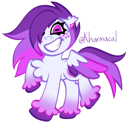 Size: 655x631 | Tagged: safe, artist:kharmacal, oc, oc only, oc:darling jewel, pegasus, bar earring, bar piercing, big grin, chest fluff, colored freckles, colored hooves, colored wings, colored wingtips, ear piercing, ear tufts, earring, eyelashes, freckles, gradient legs, grin, hair over one eye, hooves, jewelry, long mane, long tail, looking at you, multicolored mane, multicolored tail, multicolored wings, multicolored wingtips, one eye closed, piercing, pink eyes, purple hooves, purple mane, purple tail, raised hoof, raised leg, rectangular pupil, simple background, smiling, solo, spiky mane, spiky tail, spread wings, standing, standing on two hooves, star freckles, tail, three toned mane, transparent background, unshorn fetlocks, wings, wink